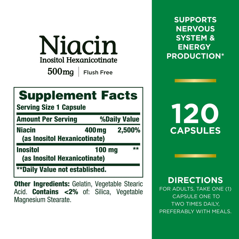 [Australia] - Nature’s Bounty Niacin 500mg Flush Free, Cellular Energy Support, Supports Nervous System Health, 120 Capsules 