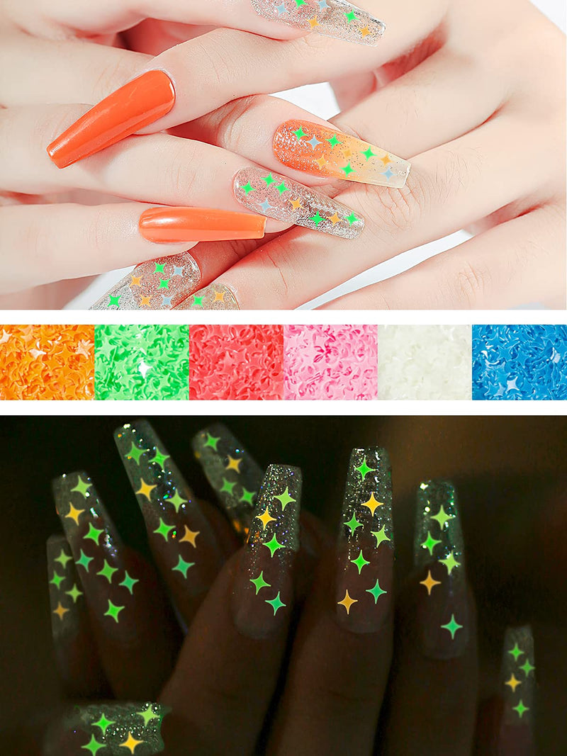 [Australia] - Kalolary 6Pcs Luminous Four-Pointed Nail Art Glitter Sequins, Glow in The Dark Nail Glitter Flakes, Luminous Four-Pointed Glitter Confetti Shapes for Face Body Nails Design Resin Crafts DIY Decor Four-pointed star 