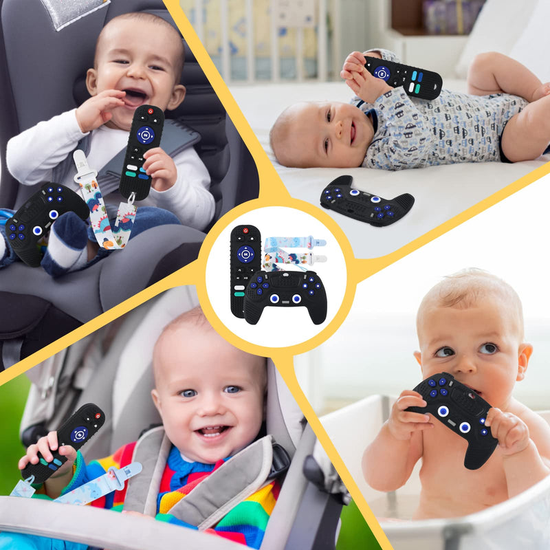 [Australia] - THOOKE Remote Teether for Baby, 2Pcs Silicone Teething Toys for Infant Toddler 0-12 Months, Game Control Chew Gel Gifts for Newborn Kids/Boy/Girl, BPA Free Freezable Relief Molars Gums Pain Black 