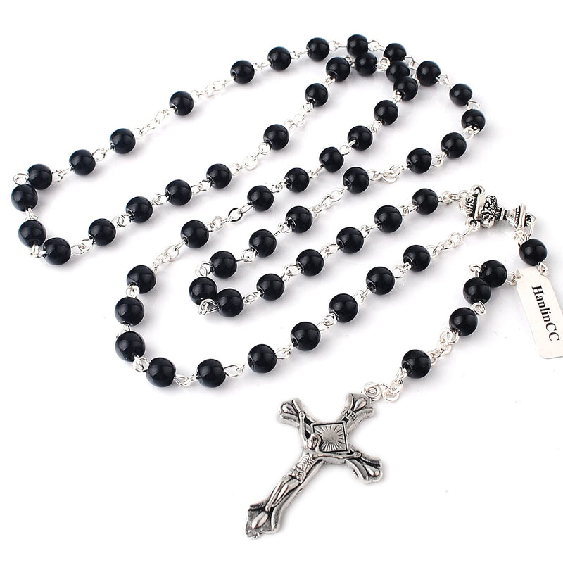 [Australia] - HanlinCC Girls and Boys First Communion Rosary Necklace with Silver Zinc Alloy Rosary Box Black Pearl First Communion Rosary with Box for Boy 