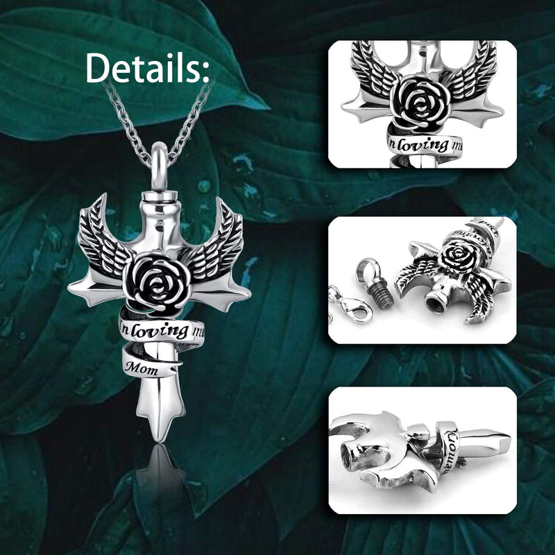 [Australia] - YSAHan in Loving Memory Cross Urn Necklace for Ashes Angel Wing Cremation Memorial Pendant Stainless Steel Waterproof Jewelry Aunt 