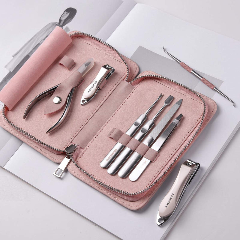 [Australia] - FAMILIFE Manicure Set, 8 in 1 Professional L13 Manicure Kit Nail Clipper Set Stainless Steel Pedicure Tools Kit Portable Grooming Kit with Pink Leather Travel Case for Women Girl Light Pink 