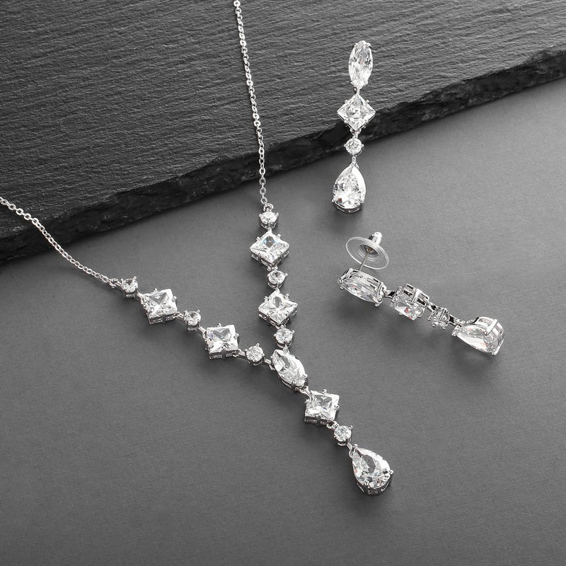 [Australia] - Mariell Silver Platinum Plated Cubic Zirconia Wedding Necklace & Earrings Bridal Jewelry Set For Brides 