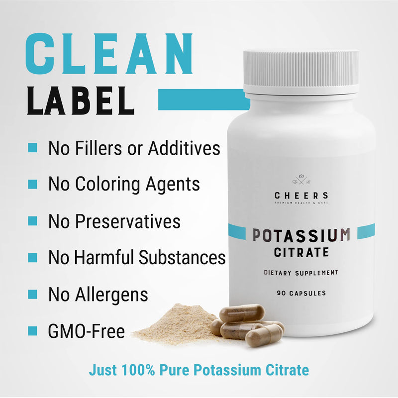 [Australia] - CHEERS - Potassium Citrate, 90 Vegan Capsules, 316 mg per Capsule, Potassium Supplement for Adults, Natural Mineral Electrolyte, Supports Cardiovascular and Blood Pressure Health 