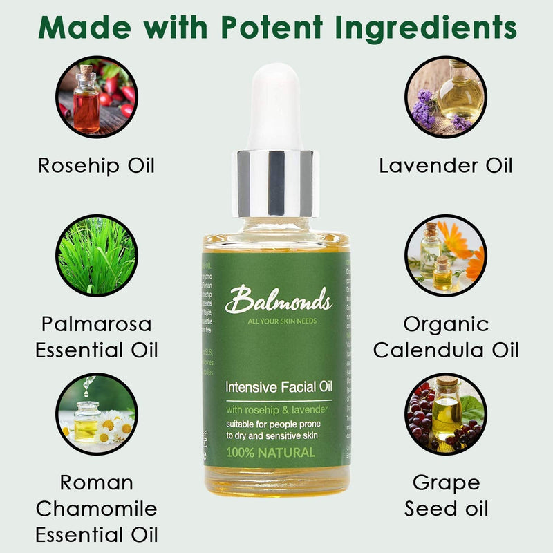 [Australia] - Balmonds Intensive Facial Oil 30 ml - 100% Natural Oil with Rosehip and Vitamin E - Hydrating, Nourishing & Moisturising Oil Serum 