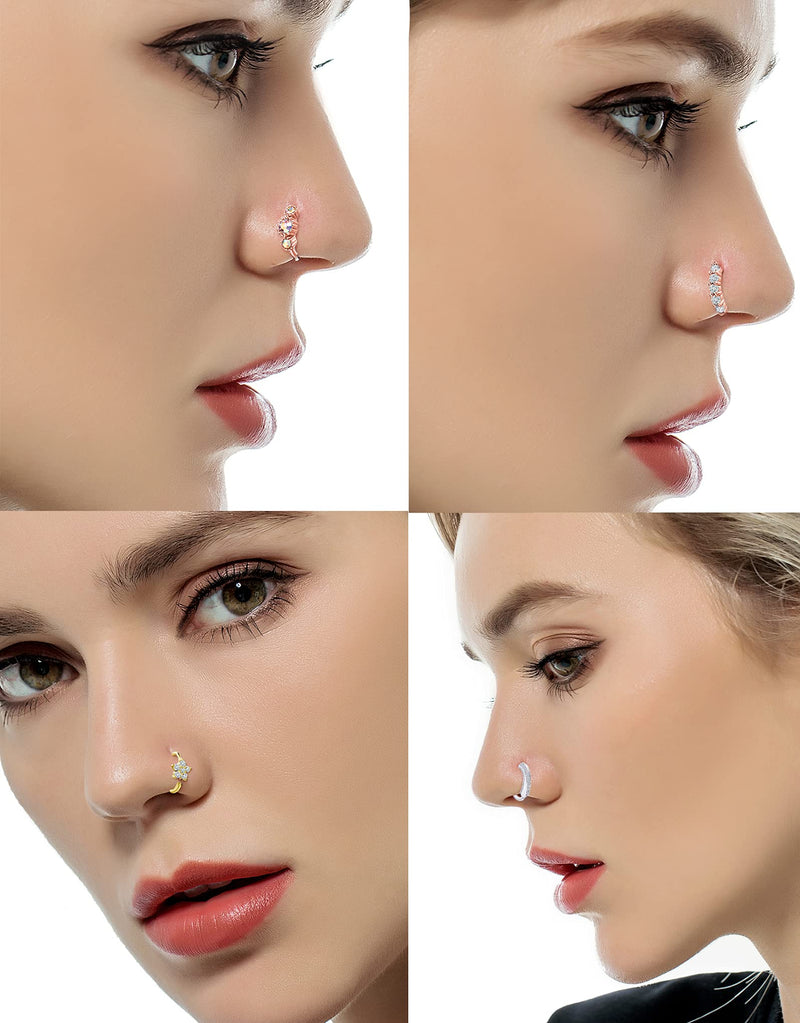 [Australia] - Tornito 10Pcs Nose Ring Hoop Paved Flower Leaf Feather CZ Cartilage Earrings Nose Piercing Jewelry for Women Men Silver Gold Rose Gold Tone 20G A:Silver Tone 