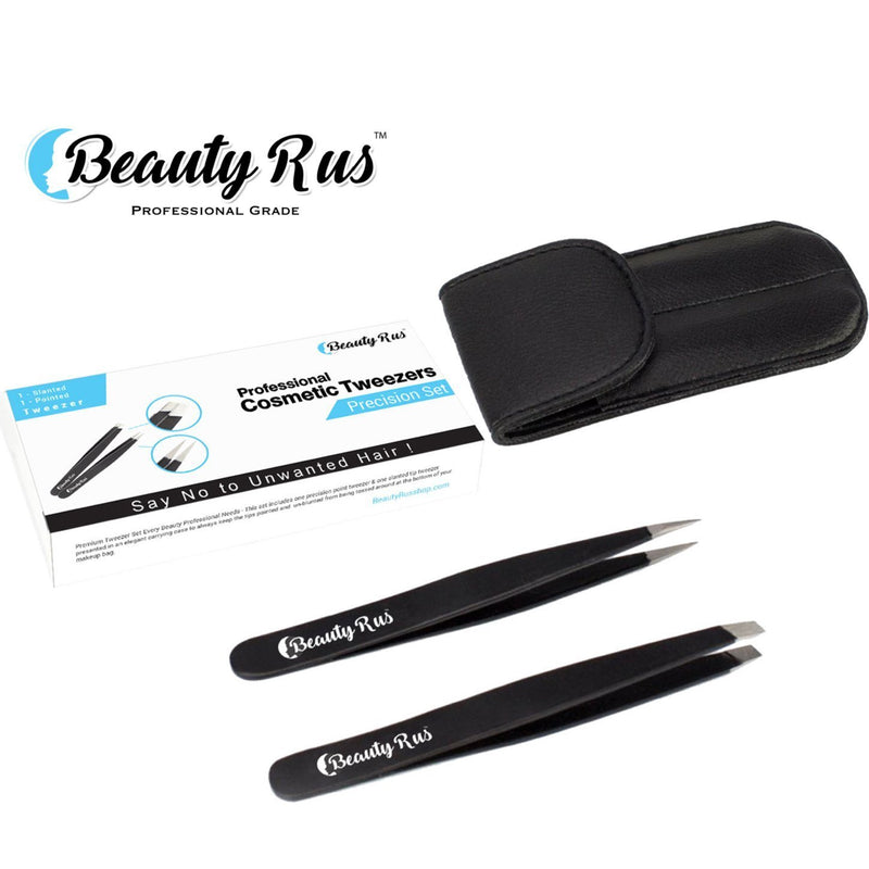 [Australia] - Professional Eyebrow Tweezers Set & Compact Pocket Mirror- Precision Pointed & Slant Tweezer Stainless Steel, Best for Eyebrows or Ingrown Hair for Women and Men - Perfect Beauty Gift Pack Value Pack 