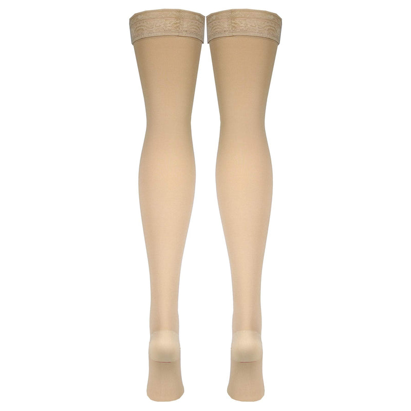 [Australia] - Truform 20-30 mmHg Compression Stockings for Women, Lace Trim Band, Thigh High Length, Closed Toe, Beige, Medium 