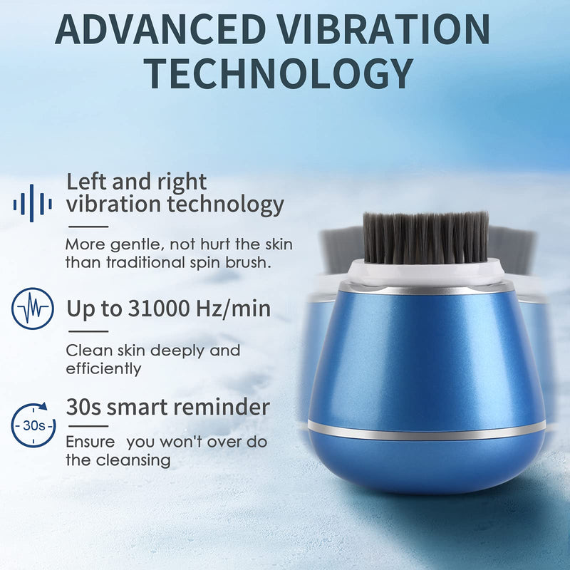 [Australia] - NEWDERMO Sonic Vibrations Facial Cleansing Brush with 2 Bristle 1 Massage Head Smart Timer for Deeper Cleanse Facial Massage Blackheads Cleansing Exfoliation Acne Blue 