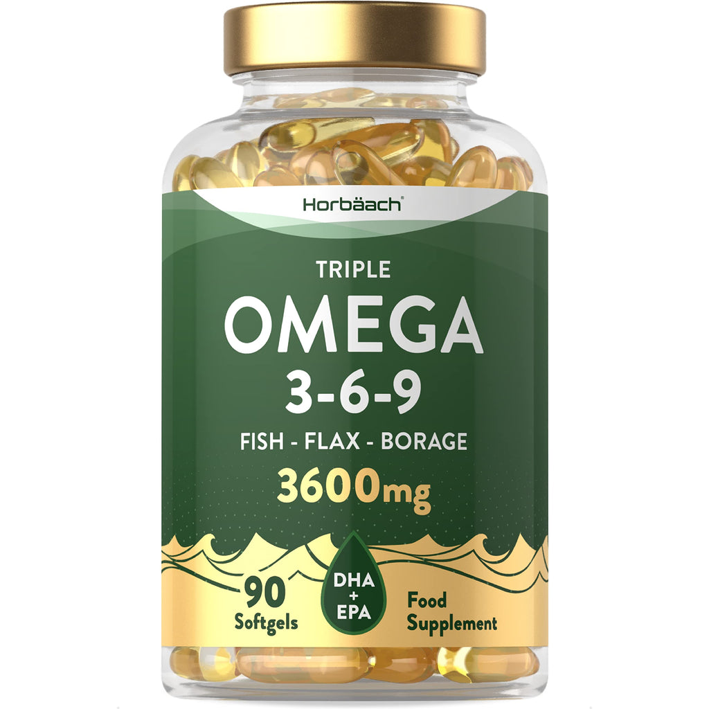 [Australia] - Triple Omega 3 6 9 | 3600mg | 90 Softgel Capsules | High Strength Supplement with EPA, DHA & ALA Essential Fatty Acids | Fish Oil, Flaxseed & Starflower Oil | by Horbaach 