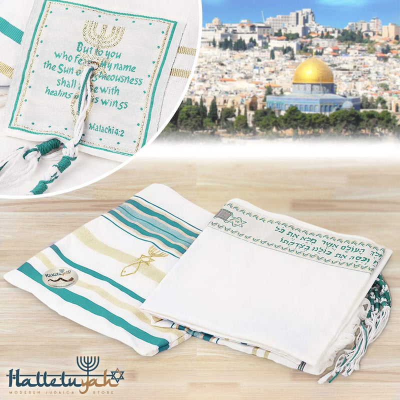 [Australia] - Messianic Tallit Prayer Shawl 72"x 22" with Bag | Designed in Israel Light Blue 