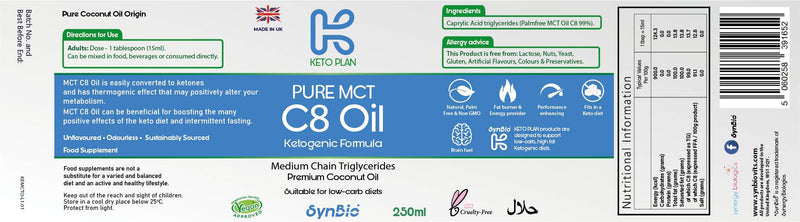 [Australia] - SynBio Keto Plan - Pure MCT C8 Oil [Palm Oil Free] | 99% Pure C8 | Vegan | Halal | Gluten Free | Supports Keto Nutrition & Fasting | Sustainably Sourced Coconut (250ml) 250 ml (Pack of 1) 