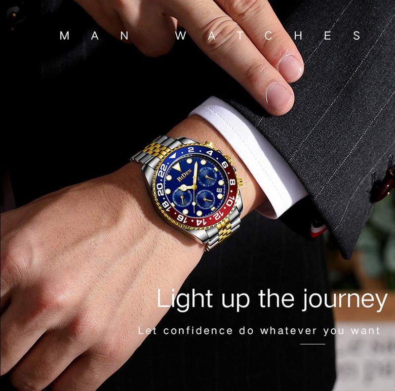 [Australia] - Mens Luxury Wrist Watches Luminous Chronograph Analog Quartz Stainless Steel Fashion Waterproof Watch Blue 