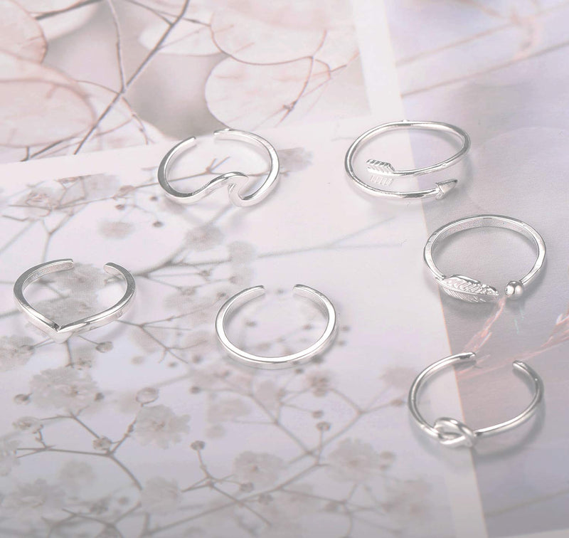 [Australia] - FUNEIA 6PCS Arrow Knot Wave Rings for Women Adjustable Stackable Thumb Open Rings Set A:Silver 
