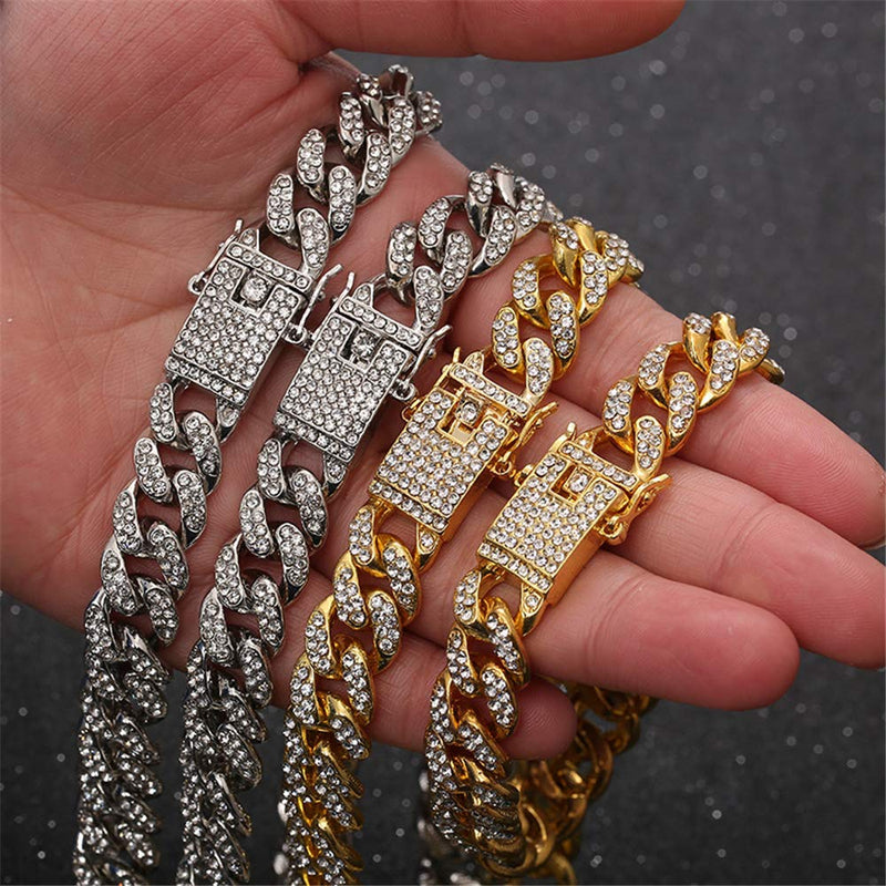 [Australia] - kelistom 18K Gold/White Gold Plated Cuban Link Iced Out Two Line Rhinestones Filled Chain Anklet for Women Teen Girls Men, 12MM Wide Punk Hip-hop Ankle Bracelet, 9" 10" 11" white 10.0 Inches 