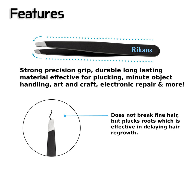 [Australia] - Rikans Precision Tweezers Set – Pack of 4 Black Professional Tweezers – Handy Carry Pouch – Superior Stainless Steel Tweezer Set – Splinters, Eyebrows, Facial or Ingrown Hair – Blackheads Remover 