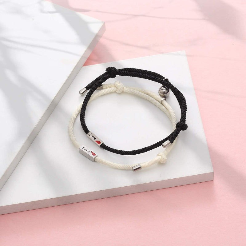 [Australia] - Magnetic Couple Bracelet Set, Black and White Bracelet Adjustable Couple Bracelets Great Gift for Women, Men, Lover, Him Her and Best Friend Rope Bracelet Set of 2 LOVE 