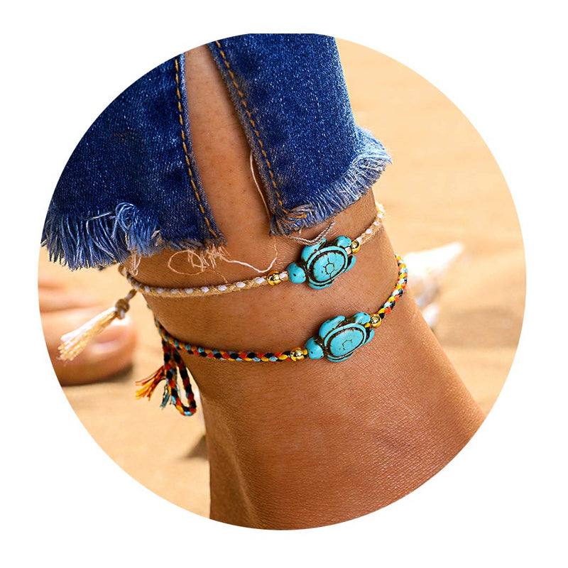 [Australia] - Jeka Handmade Sea Turtle Anklets Bracelets for Women Girls Beach Friendship 10 Pcs Set Boho Adjustable Rope Hawaiian Foot Jewelry 