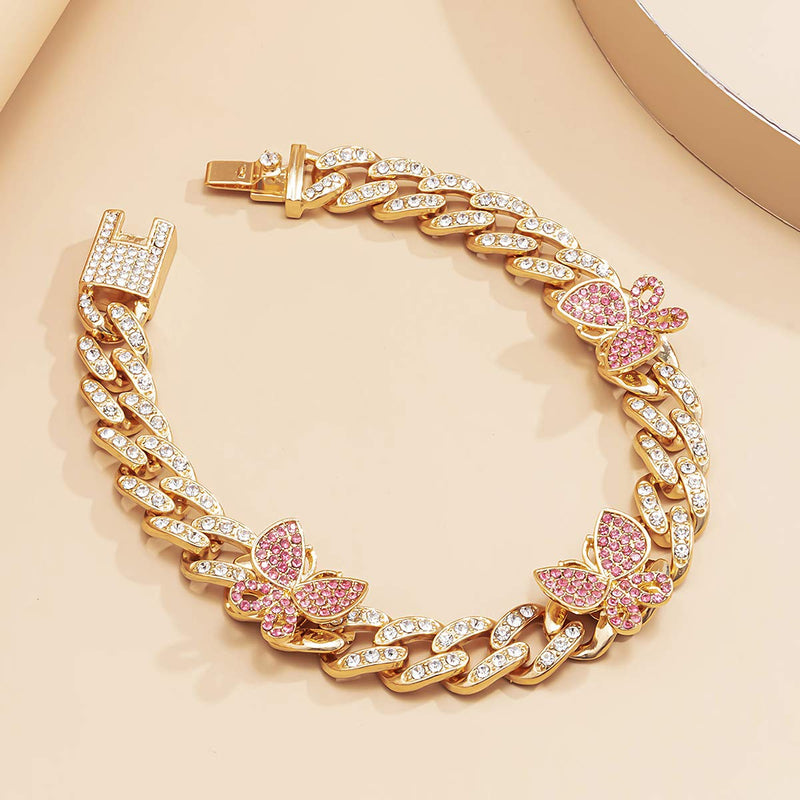 [Australia] - Ingemark Shiny Rhinestone Butterfly Anklet Hip Hop Cuban Link Ankle Chain Bracelet for Women Teen Girls Cute Fashion Music Party Rave Anklet Jewelry #1 Golden+Pink 