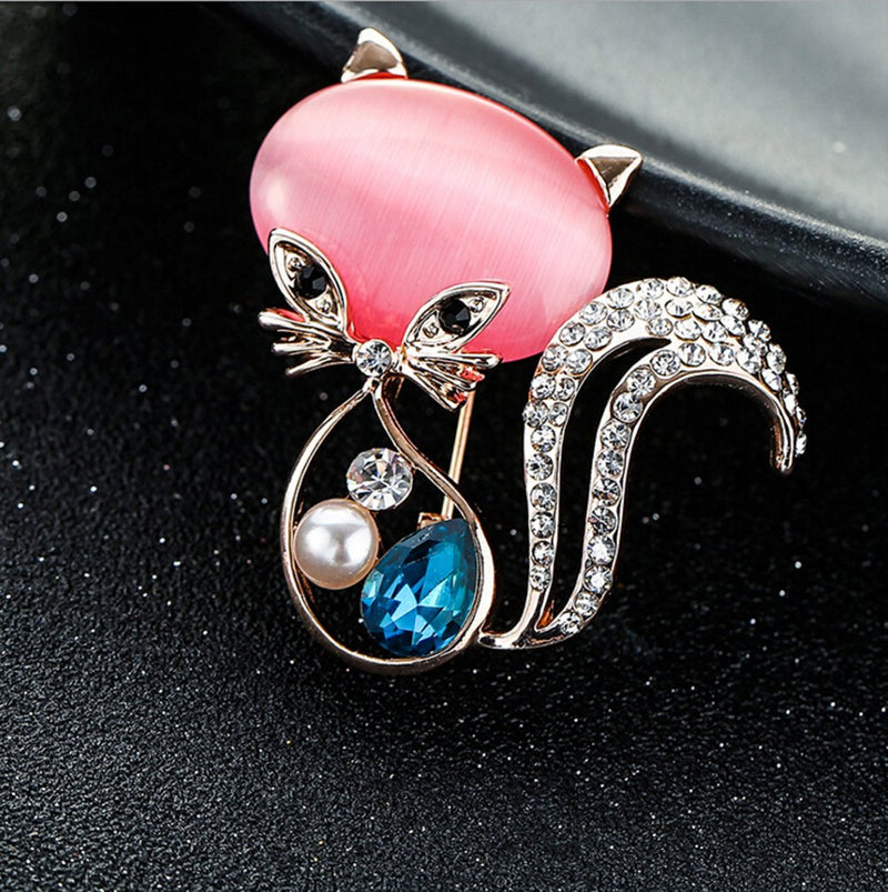 [Australia] - HSQYJ Pretty Animal Brooches Rose Gold and Platinum Plated Full Shining Crystal Brooch Pink Cat's Eye Brooch Pins Rose gold cat brooch 