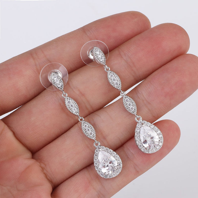 [Australia] - Wordless Love Teardrop Pear Shape CZ Necklace Pierced Earrings Women Wedding Jewelry Sets 