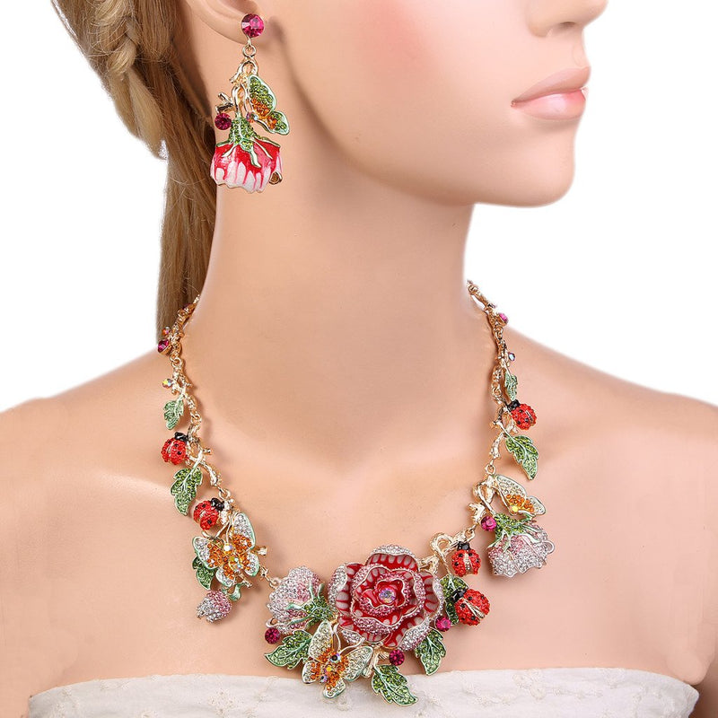 [Australia] - EVER FAITH Crystal Enamel Flower Cluster Butterfly Ladybug Insect Necklace Earrings Set Gold-Tone Pink 
