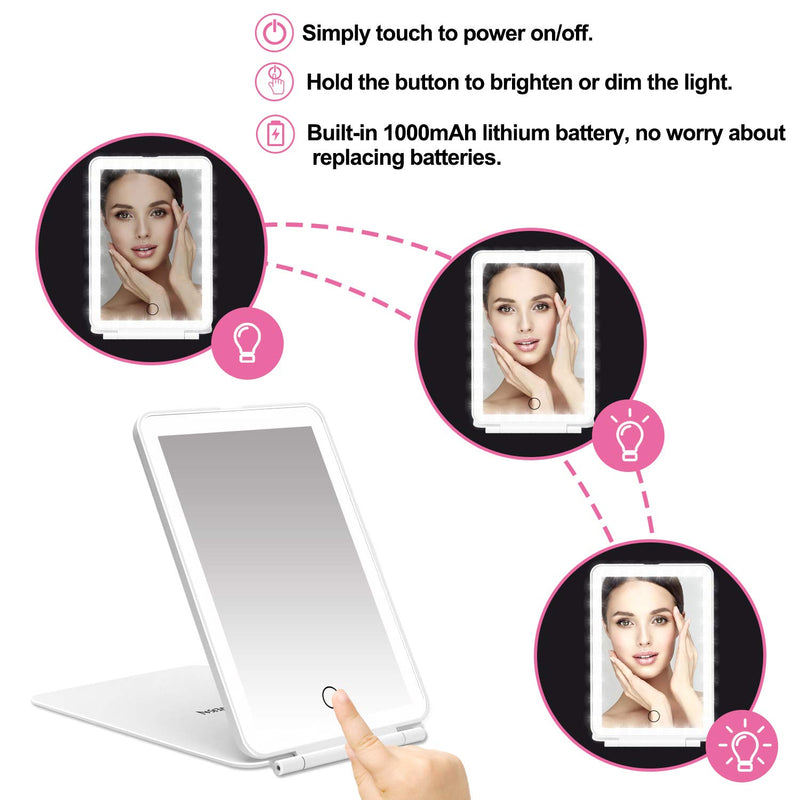 [Australia] - DeWEISN LED Makeup Mirror for Travel, 32 LEDs Lighted Vanity Mirrors with Dimmable Lighting,Compact, Slim, Rechargeable Lighted Mirror, Folding Makeup Mirror for Beauty White 