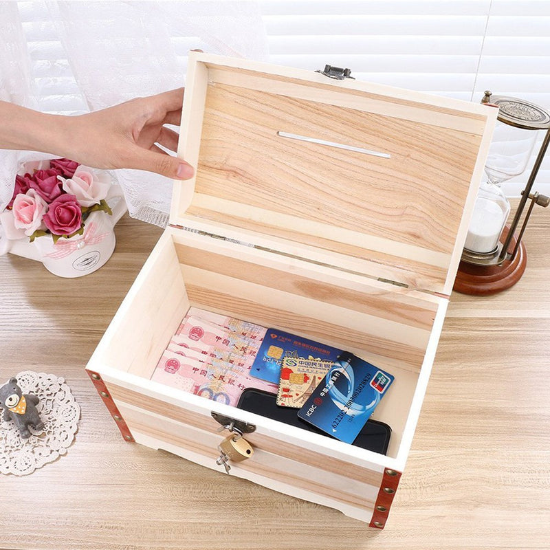 [Australia] - Willcomes Wooden Money Storage Box Treasure Chest Piggy Bank Handmade Jewelry Organizer with Lock and Two Keys Large 