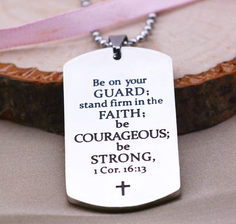 [Australia] - Stpower Baptism Gift Stainless Steel Dog Tag Bible Verse Pendant Necklace Christian Gift Be on your guard stand firm in the faith be courageous be strong 