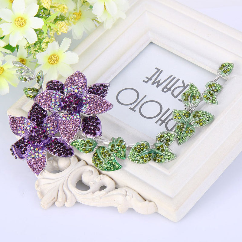 [Australia] - EVER FAITH Women's Austrian Crystal 9 Inch Elegant Flowers Leaf Long Plant Brooch Silver-Tone Purple w/ Green 