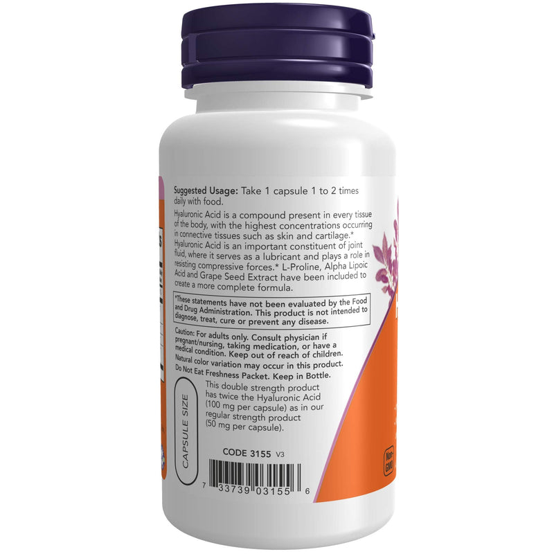 [Australia] - NOW Supplements, Hyaluronic Acid 100 mg, Double Strength with L-Proline, Alpha Lipoic Acid and Grape Seed Extract, 60 Veg Capsules 