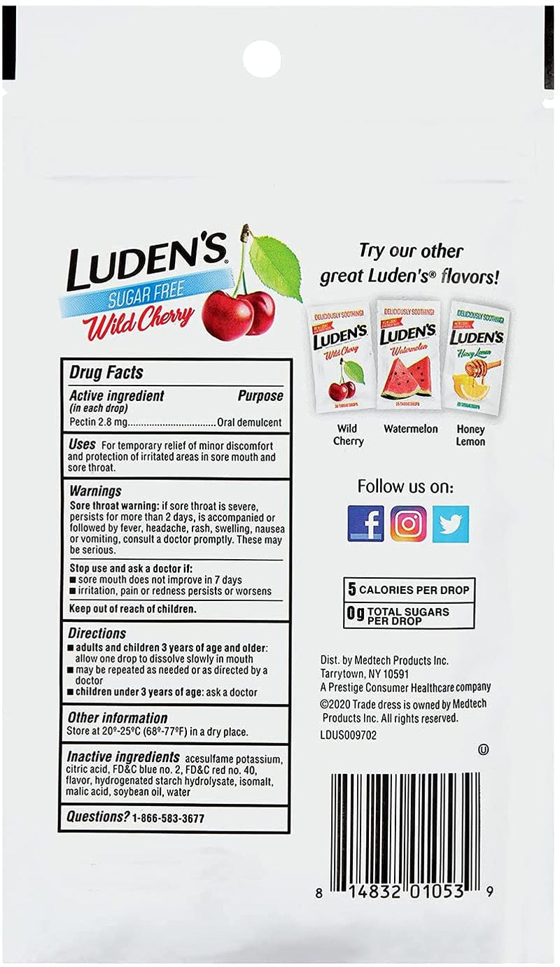 [Australia] - Luden's Deliciously Soothing Throat Drops | Sugar-Free | Wild Cherry Flavor | 25 Count Each | Pack of 4 