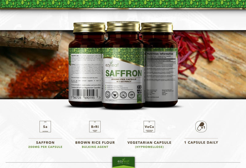 [Australia] - Ezyleaf Saffron Supplement | 60 High Strength Saffron Capsules - 200mg (from 4:1 Extract) Safron Herb Extract per Serving | Non-GMO, Gluten & Allergen Free | Manufactured in The UK 
