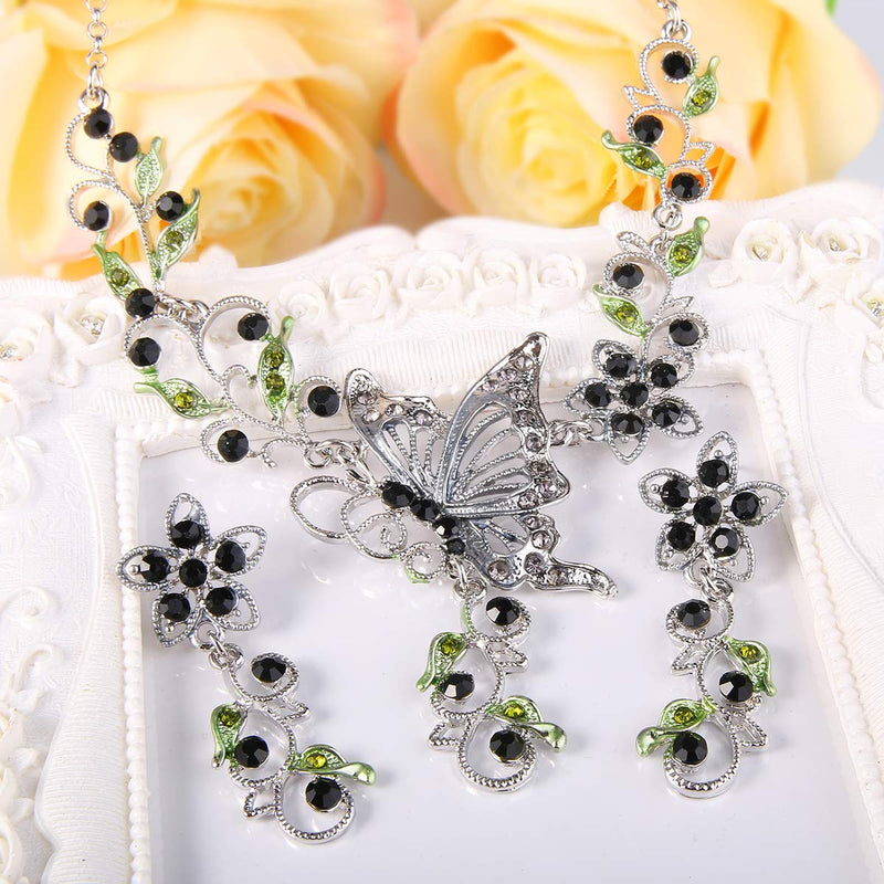 [Australia] - EleQueen Women's Austrian Crystal Butterfly Flower Leaf Necklace Earrings Sets Black 