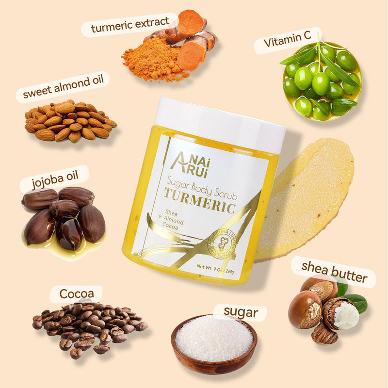 [Australia] - ANAiRUi Turmeric Body Scrub, Glow Face Real Sugar Scrub for & Hyperpigmentation Dark Spots, Exfoliating, Moisturizing Glowing Sweet Orange Scent, 260 g (Pack of 1), 9.0 fluid_ounces 