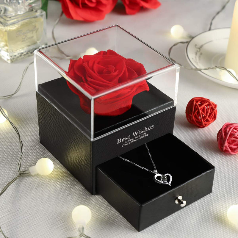 [Australia] - Preserved Real Rose, Eternal Preserved Rose,Real Flowers,with Love You Necklace 100 Languages Gift, Mother's Day gift for Her,The Best Choice Gift for Birthday Red 