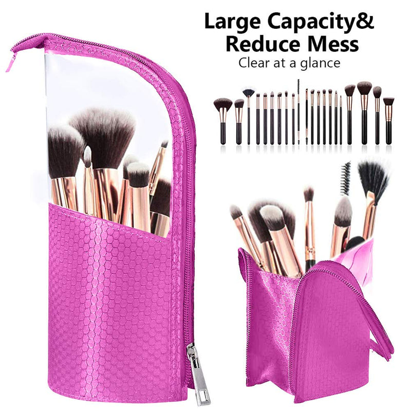 [Australia] - Travel Make-up Brush Holder Organizer Bag，Clear Plastic&Oxford Cosmetic Zippered Case，Portable Waterproof Stand-Up Makeup Brush Pouch, Professional Artist Small Toiletry Stationery Cup (Rose red) Rose red 