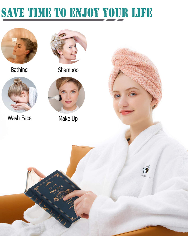 [Australia] - ELLEWIN Hair Towel Wrap 3 Pack, Microfiber Hair Drying Shower Turban with Buttons, Super Absorbent Quick Dry Hair Towels for Curly Long Thick Hair, Rapid Dry Head Towel Wrap for Women Anti Frizz Coffee & Pink & Beige 