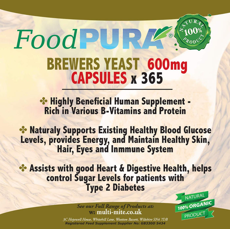 [Australia] - Food PURA 365 X Brewers Yeast Capsules HIGH Strength - Non Debittered - Take Less Tablets Daily Suitable for Vegetarians & Vegans 