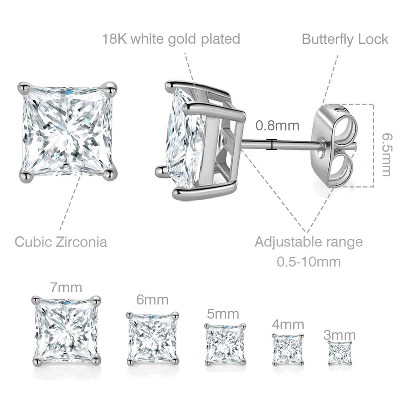 [Australia] - MDFUN 18K White Gold Plated Princess Cut Clear Cubic Zirconia Stud Earring Pack of 5 Pairs 