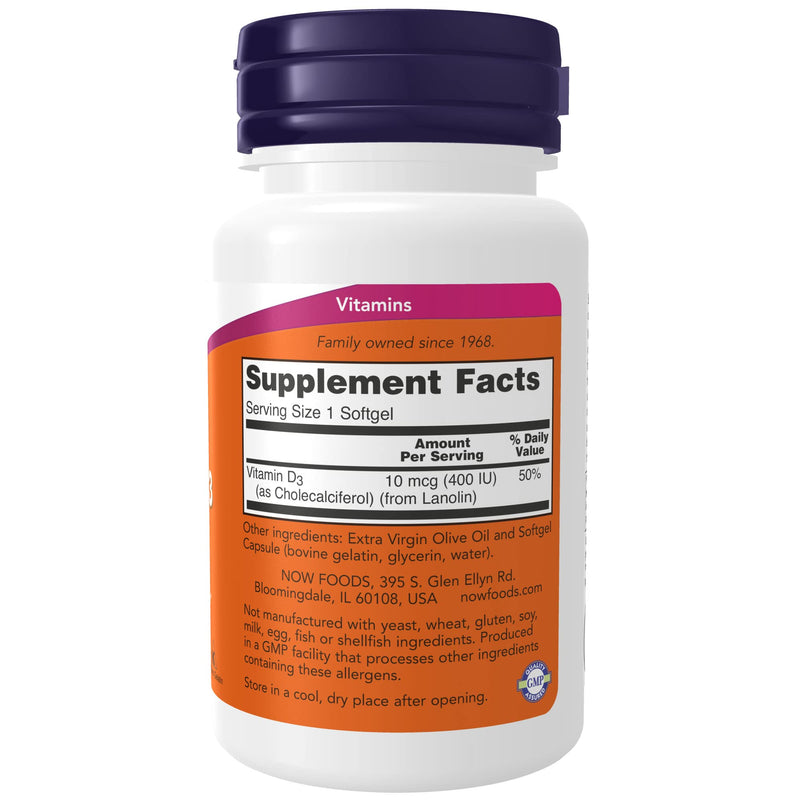 [Australia] - NOW Supplements, Vitamin D-3 400 IU, Strong Bones*, Structural Support*, 180 Softgels Unflavored 180 Count (Pack of 1) 