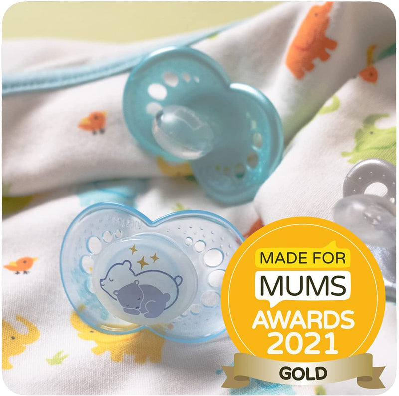 [Australia] - MAM Night Soothers 12+ Months (Pack of 2), Glow in the Dark Baby Soothers with Self Sterilising Travel Case, Newborn Essentials, Blue, (Designs May Vary) single 