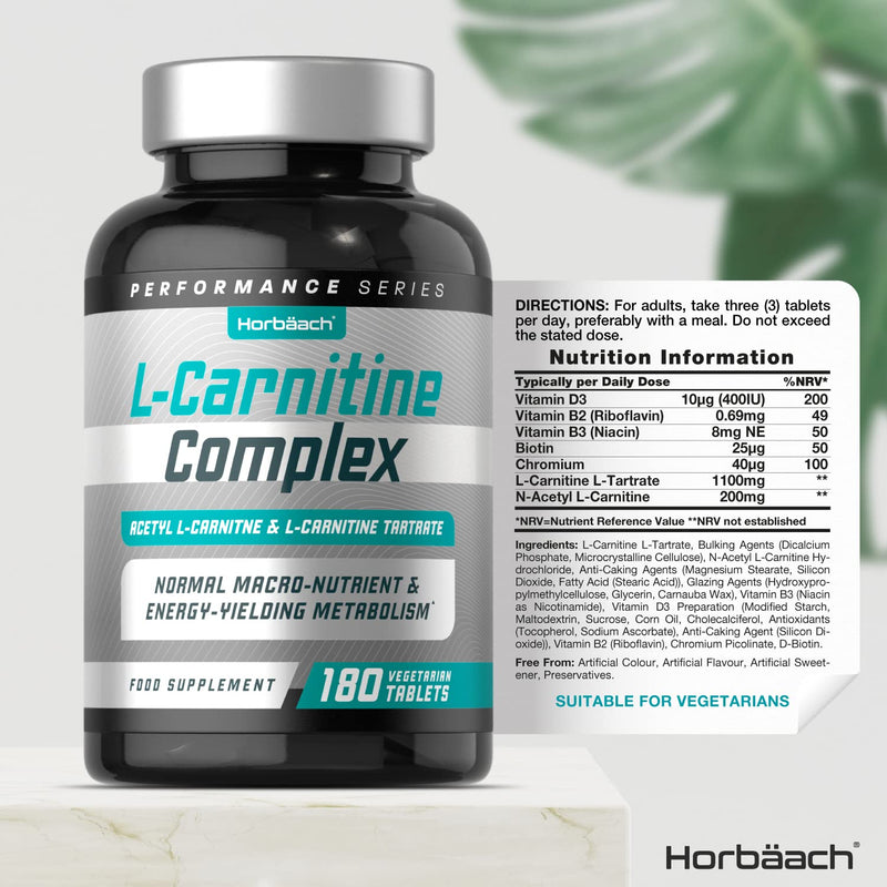 [Australia] - Acetyl L-Carnitine Complex | 180 Vegetarian Tablets | with Vitamin D3, B3, B6, Riboflavin, Biotin & Chromium | Normal Macronutrient & Energy-Yielding Metabolism | by Horbaach 
