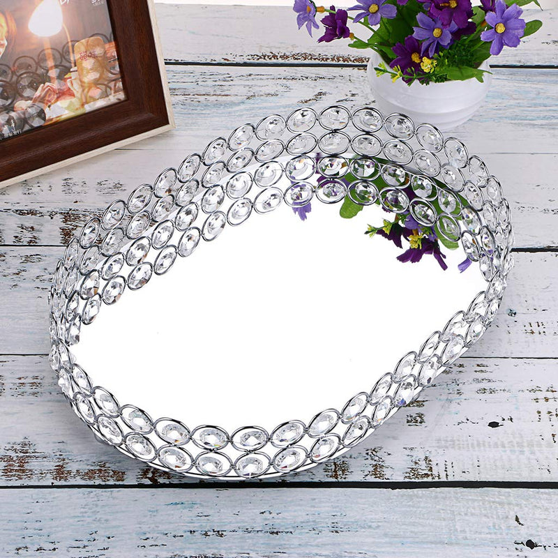 [Australia] - Hipiwe Mirrored Crystal Vanity Makeup Tray, Ornate Jewelry Trinket Decorative Tray Cosmetic Perfume Display Organizer Tray,Home Decor Tray for Dresser/Bathroom (Ellipse) Silver 