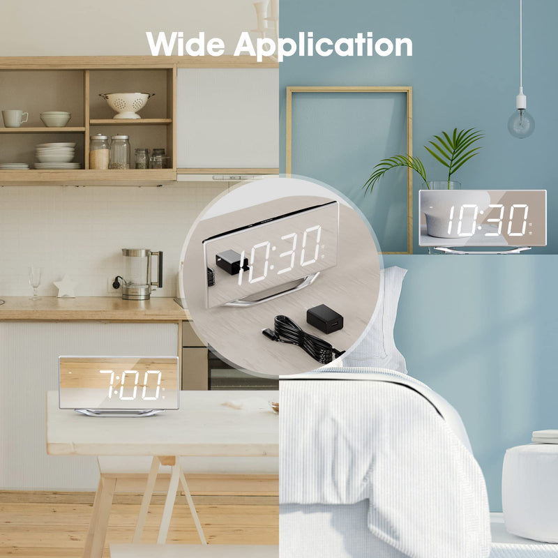 [Australia] - Digital Clock for Living Room, Loud Alarm Clock for Heavy Sleepers Adult, 8.7" Large Display LED Mirror Clock with 7-Level Dimmer,Snooze Mode,Dual USB Ports, Modern Desk Clock for Bedroom Home Office Silver-white Digits 