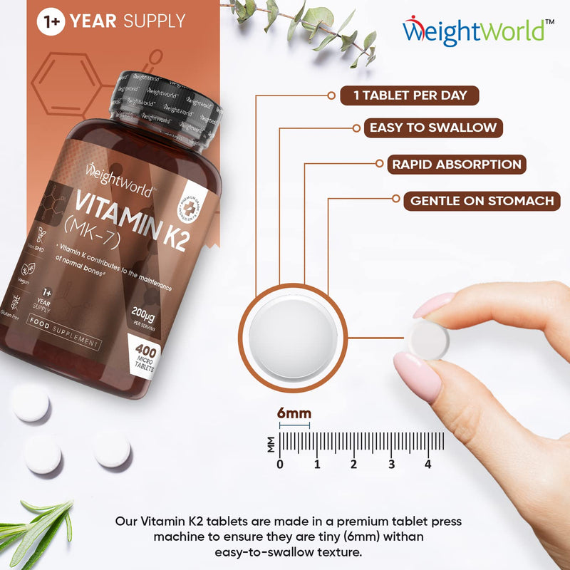 [Australia] - Vitamin K2 MK7 200mcg - 400 Vegan K2 Vitamin Tablets (Not Vitamin K2 Capsules) 400 Days Supply - High Strength VIT K Supplement as Menaquinone - Gluten-Free VIT K2 Bone Supplement 