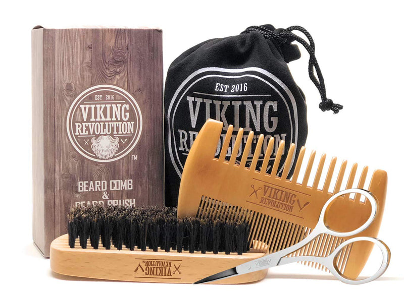 [Australia] - Viking Revolution Beard Comb & Beard Brush Set for Men - Natural Boar Bristle Brush and Dual Action Pear Wood Comb w/Velvet Travel Pouch - Great for Grooming Beards and Mustaches Brush & Comb Set 