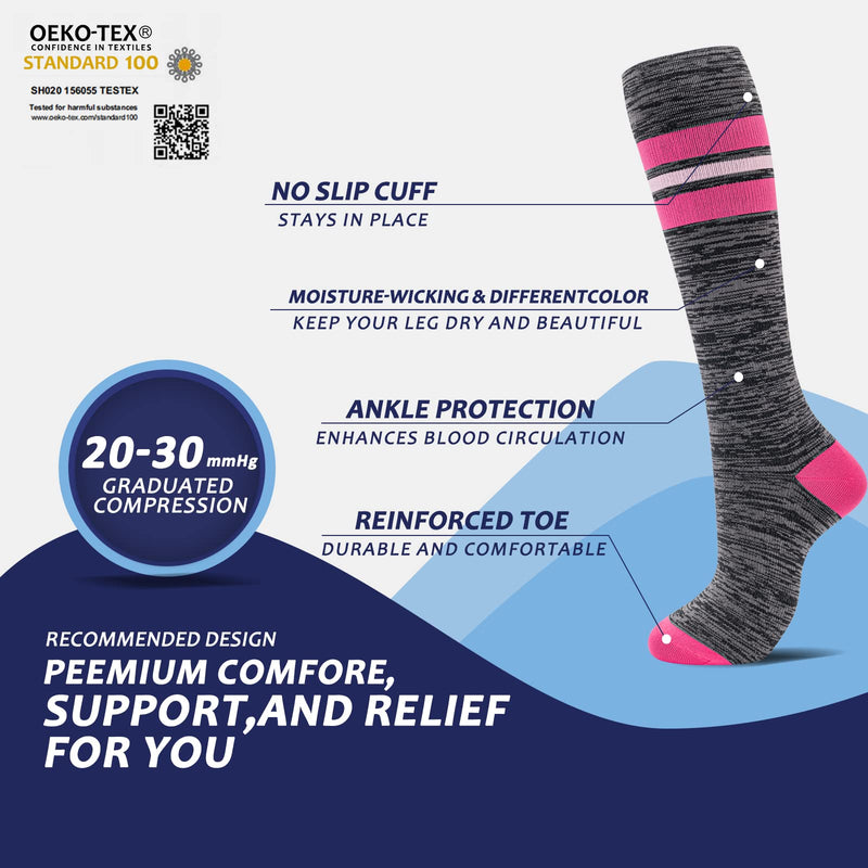 [Australia] - fenglaoda 8 Pairs Compression Socks for Women & Men 20-30 mmHg Knee High Running Nurse Medical and Travel Athletic A-8 Pairs-green/Grey/Orange/Black Strips Large-X-Large 
