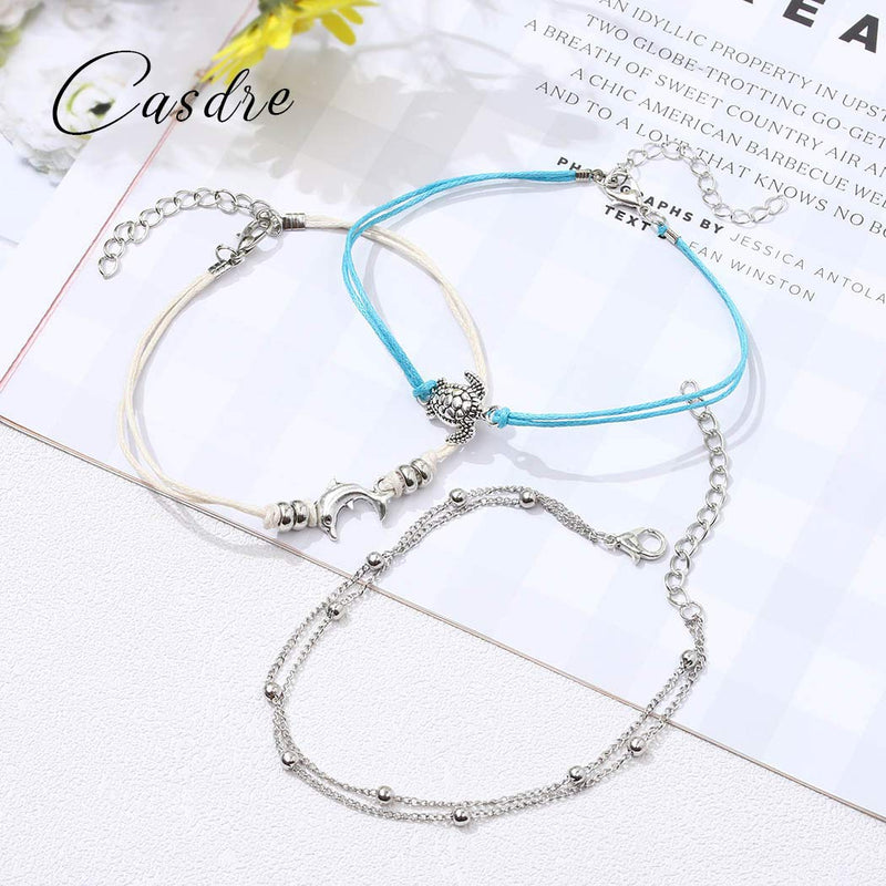 [Australia] - Casdre Retro Layered Ankle Bracelet Silver Dolphin Tortoise Foot Chain Beaded Adjustable Foot Jewelry for Women and Girls 