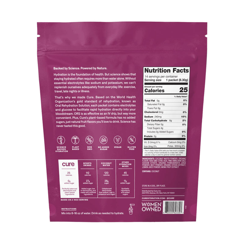 [Australia] - Cure Hydrating Electrolyte Mix | Electrolyte Powder for Dehydration Relief | Made with Coconut Water | No Added Sugar | Vegan | Paleo Friendly | Pouch of 14 Hydration Packets - Berry Pomegranate Flavor 0.29 Ounce (Pack of 14) 
